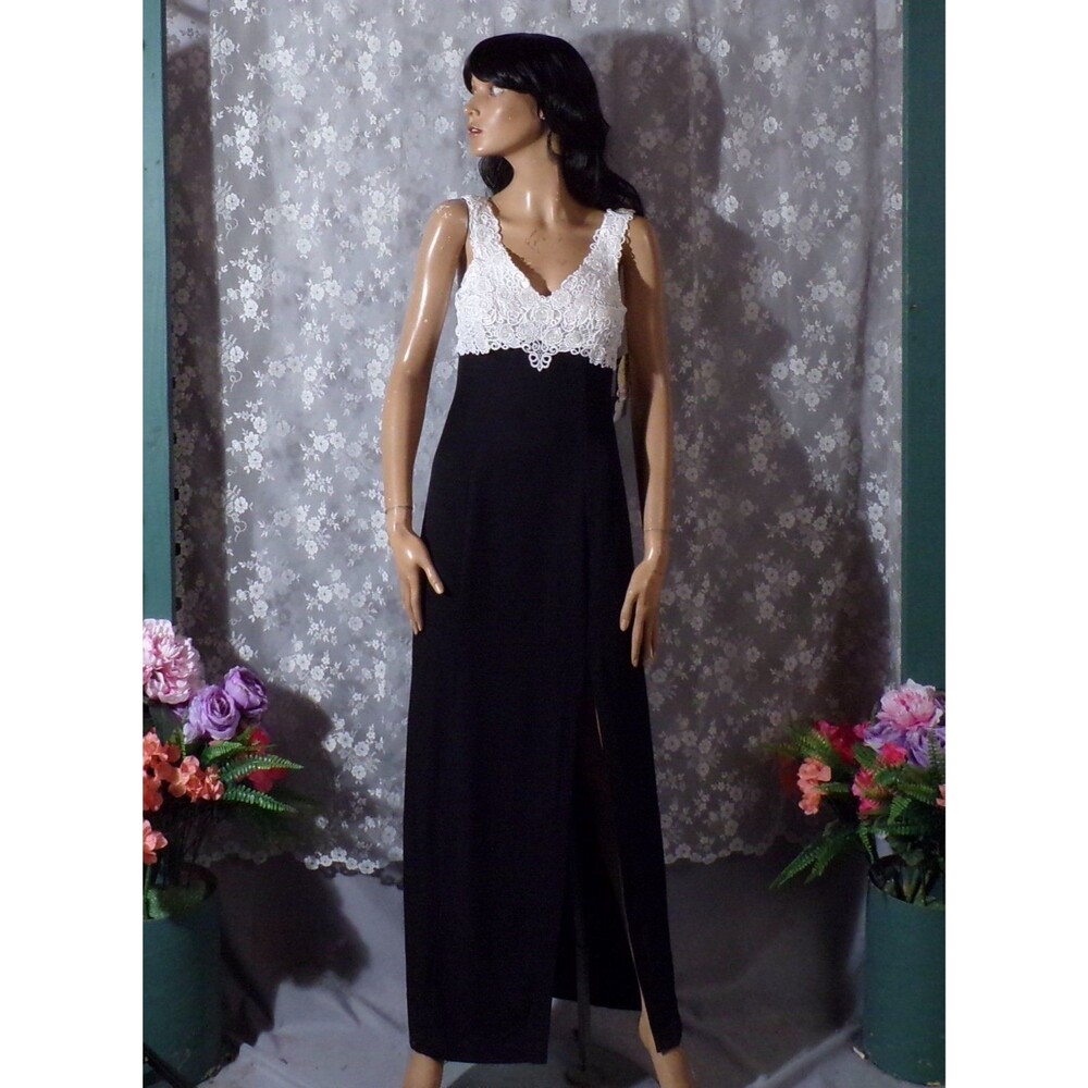 Vintage 90s NWT Black White Lace Maxi Prom Dress Glam Formal Party Size S